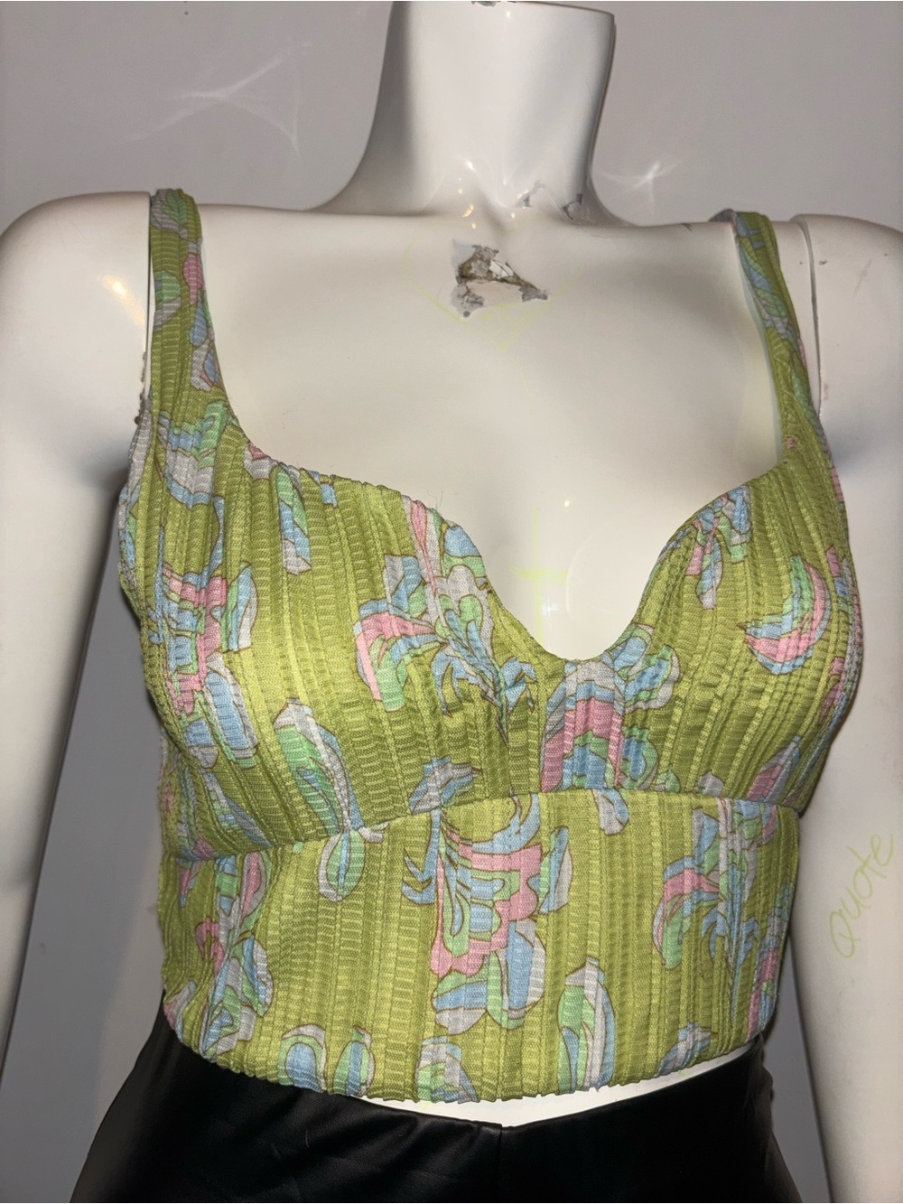 Zara Lime Green Floral Ribbed Crop Cami